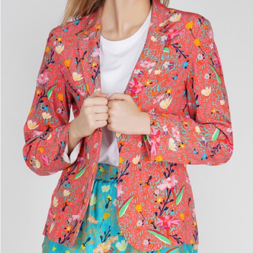 NWT Benares Floral Statement Colorful Floral Blazer Jacket Coral